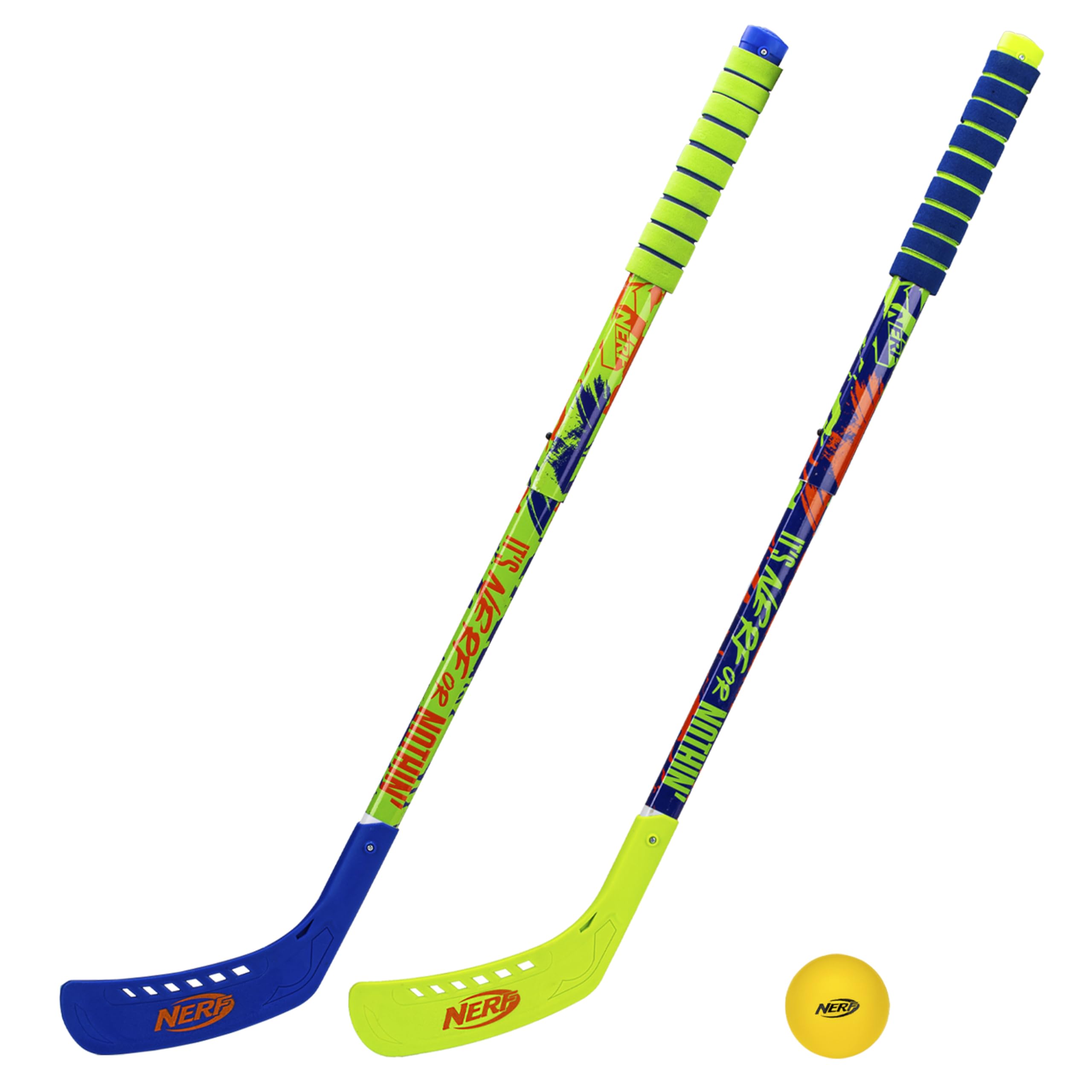 Franklin Sports NERF Proshot Kids Hockey Sticks+Ball Set-2 Player Youth Indoor+Outdoor NERF Hockey Set-2 in 1 Knee+Floor Hockey Sticks-(2)NERF Proshot Youth Hockey Sticks+(1)Foam Hockey Ball Included