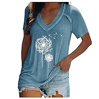 Tops for Women Casual Summer 2024 Daily Dandelion Printed V Neck Blouse Loose Fit Workout Shirt