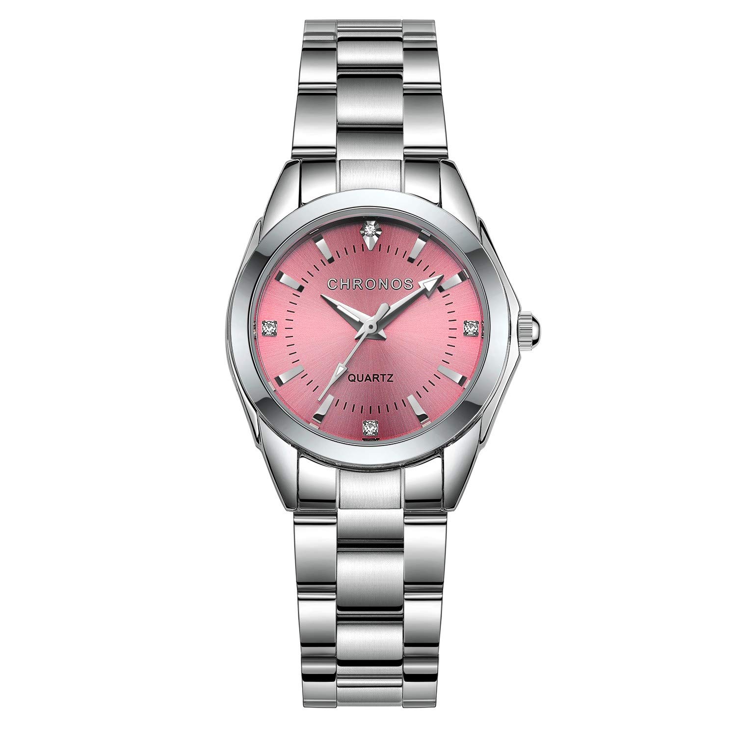 CHRONOS Women Girls Waterproof Stainless Steel Quartz Watch Round Analog Blue Silver Pink Lady Steel Watch