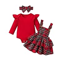 Newborn Christmas Outfit Baby Girl Plaid Romper Dress Infant Ruffle Long Sleeve Ribbed Bodysuit Headband Clothes