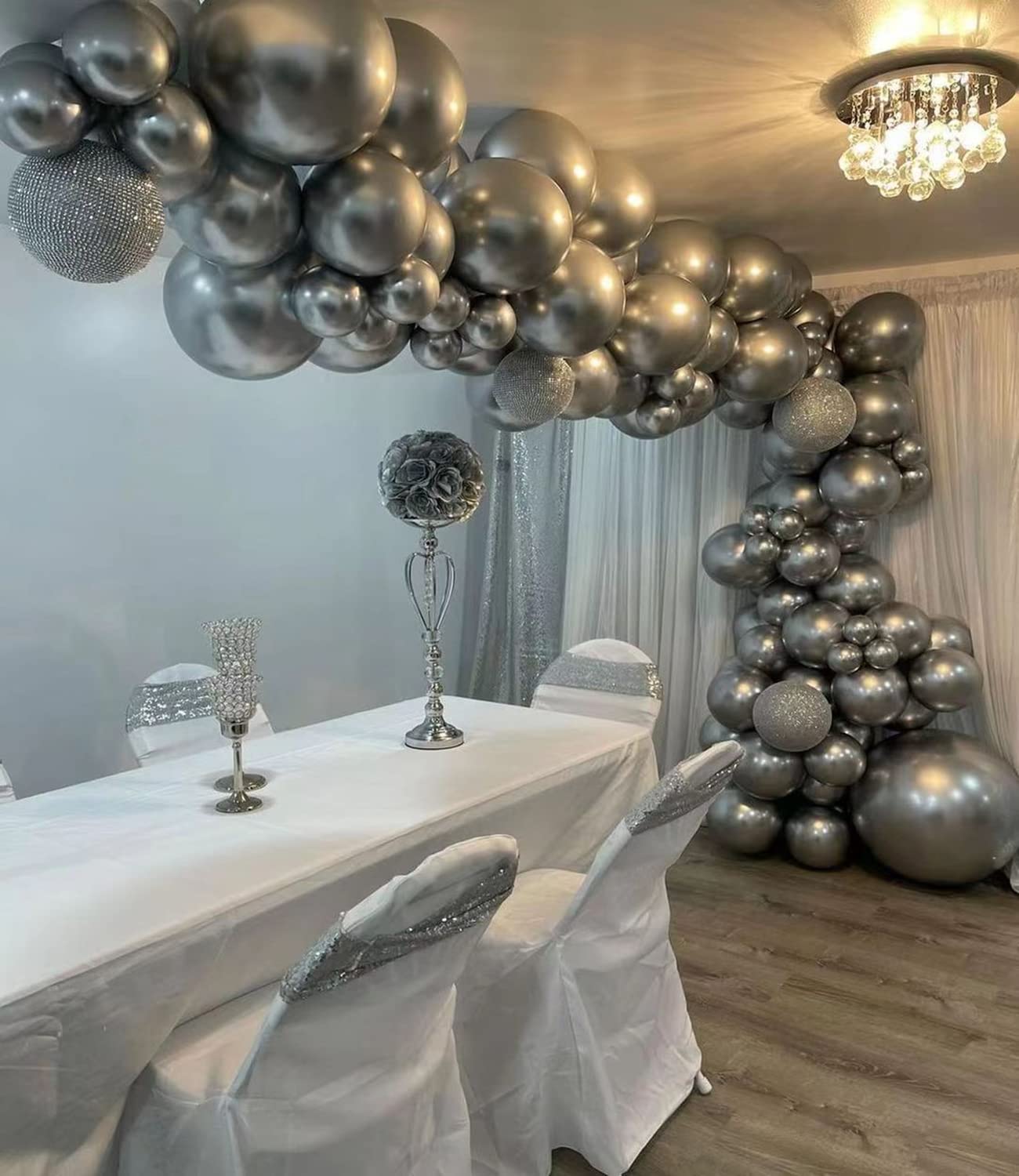 HUICYHFR Silver Metallic Chrome Latex Balloon Arch Kit, 102PCS 18In 12In 10In 5In Arch Garland For Engagement, Wedding, Birthday Party, Anniversary Celebration Decoration With 33FT Ribbon