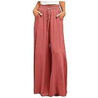 Flowy Wide Leg Pants for Women Ladies Elastic High Waist Palazzo Pants Solid Casual Beach Trousers Pocket Long Pant
