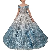 VeraQueen Girl's High Custom Off Shoulder Sequins Princess Dress A Line Cap Sleeves Birthday Ball Gown with Bow