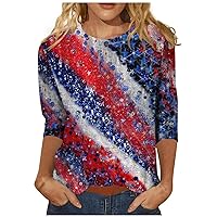 3/4 Length Sleeve Womens Summer Tops 4Th of July Flag Graphic Tees Blouses Dressy Casual Crewneck Sweatshirt Shirts