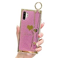 LeLeYun for Samsung Galaxy Note 10 Plus Case Cute Pattern Plating Sparkle Bling Note 10+ Shockproof Protective Silicone Cover with Wrist Strap Kickstand and Ring for Girls and Women - Pink Bling Heart