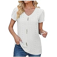 Summer Tops for Women 2024 Trendy Cute Shirts Causal V Neck T Shirts Front Button Petal Sleeve Dressy Blouses Tunics