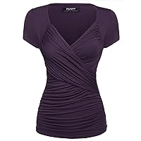 Zeagoo Women's Cross-front V Neck Ruched Blouse Purple 2 XX-Large
