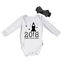 Petitebella 2018 Happy New Year White L/S Cotton Bodysuit Romper Nb-18m