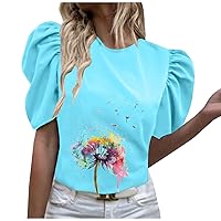Womens Colored Dandelion T-Shirts Puff Sleeve Round Neck Graphic Tee Shirts Summer Casual Loose Fit Blouses for Vacation
