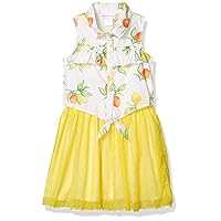 Girls' Printed Tie Front Shirt Glitter Tutu Dress, Yellow, 5