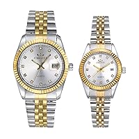 JewelryWe Couple Watch Analogue Quartz Calendar 30 m Waterproof Partner Watch Stainless Steel Bracelet Men Women Watches with Rhinestone Dial