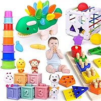 6 in 1 Montessori Toys for 1 Year Old Boys, Baby Toys 6-12 Months, Silicone Stacking Blocks & Cups & Storage Bin & Animals Toy, Wooden Stacking Toys, Dinosaur Toy, Gifts for 1 Year Old Girls