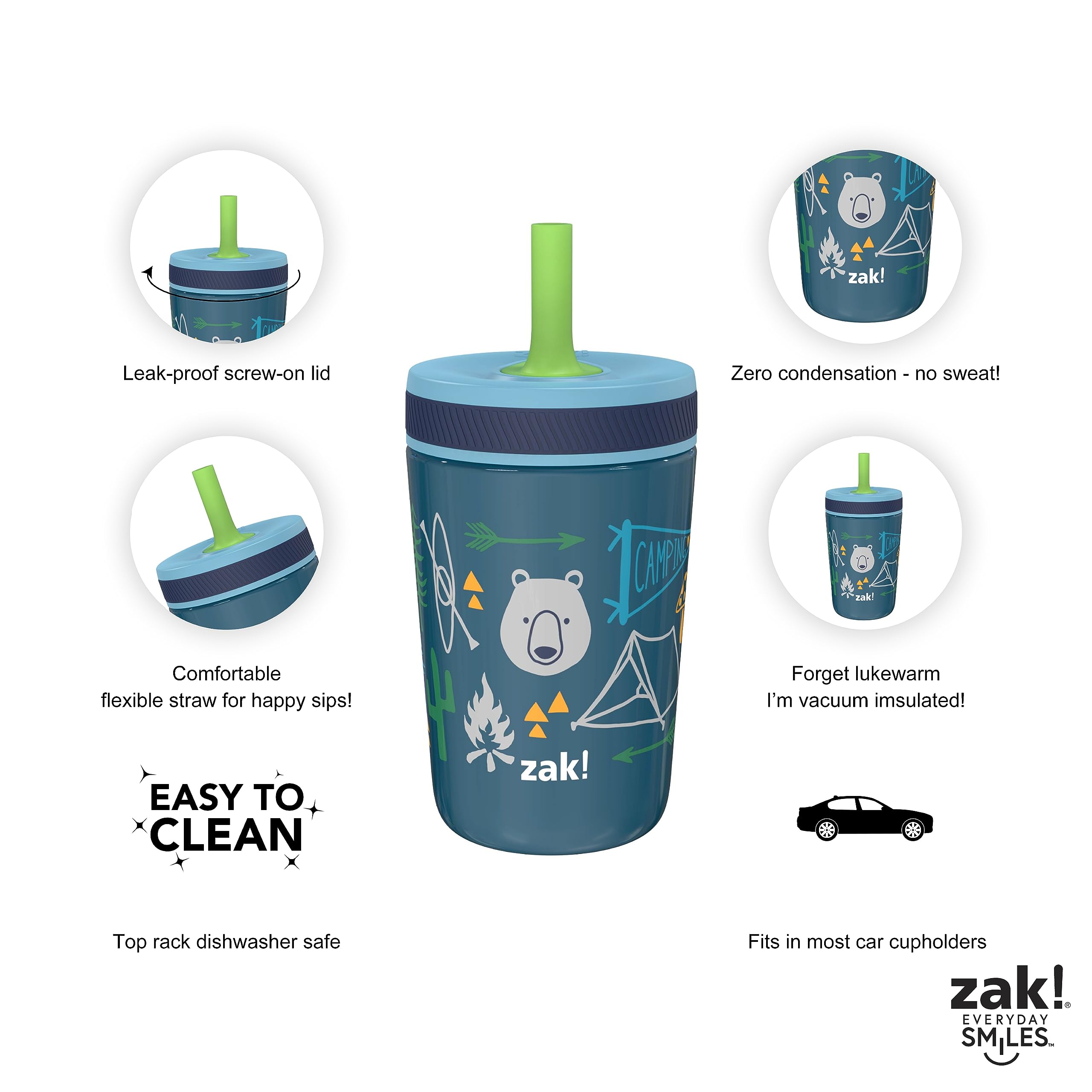Zak Designs Campout and Camping Kelso Tumbler Set, Leak-Proof Screw-On Lid with Straw, Bundle for Kids Includes Plastic and Stainless Steel Cups with Bonus Sipper, 3pc Set, Non-BPA,15 fl oz