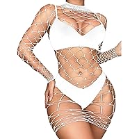 YiZYiF Womens Fishnet Bodycon Mini Dress Mock Neck Hollow Out Nightdress Mesh Sheer Club Party Dress White One Size