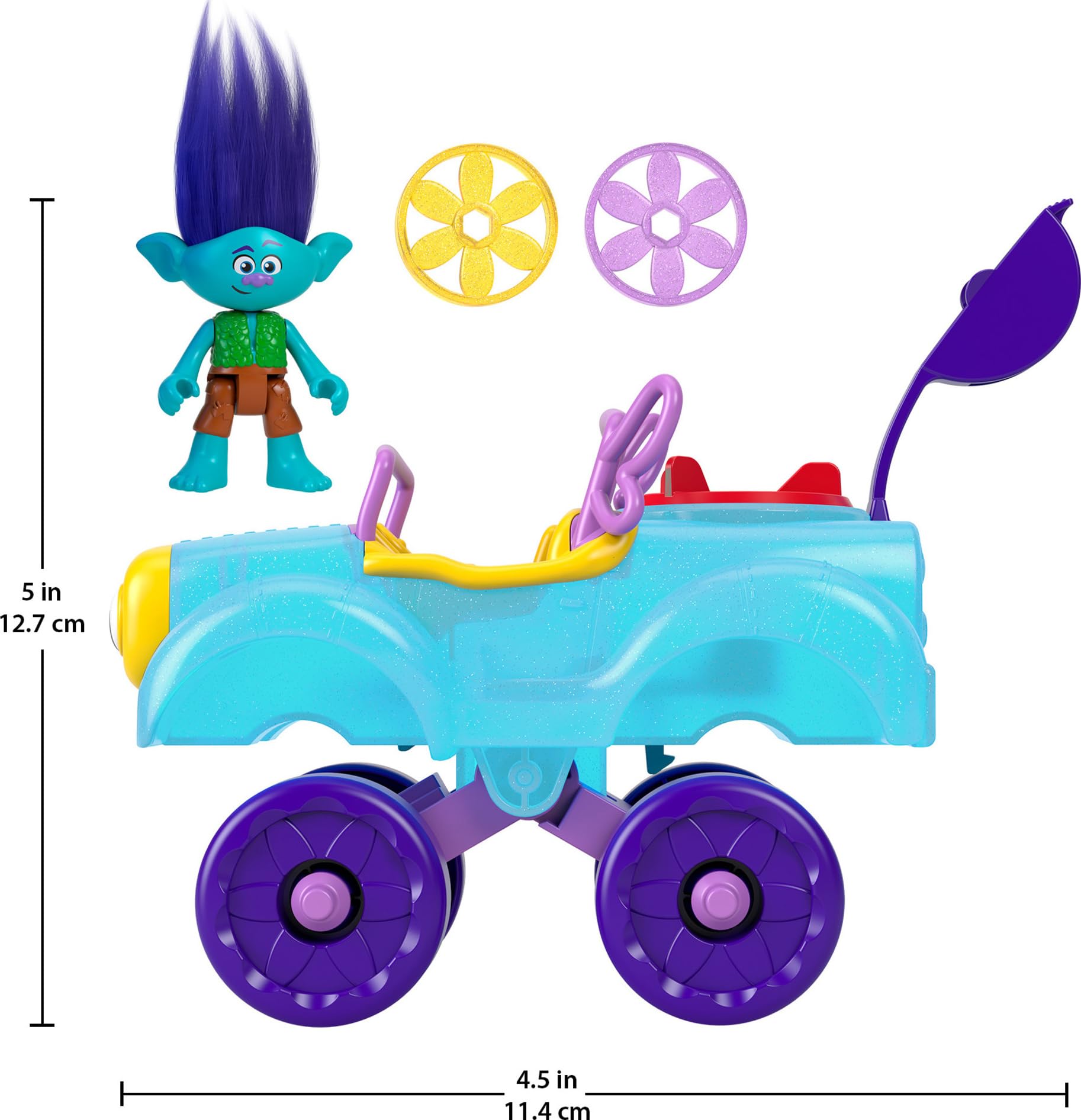 Fisher-Price Imaginext DreamWorks Trolls Toy Car and Branch Figure Playset, Branch’s Buggy with Projectile Launcher and Discs, Age 3-8 Years