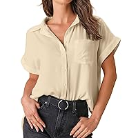 Women's Button Down Shirts Solid Blouse Batwing Short Sleeve Tops with Pockets