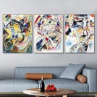 INVIN ART Framed Streched Canvas Giclee Print Combo Painting 3 Pieces by Wassily Kandinsky Wall Art Series#012 Living Room Home Office Decorations(Black Slim Frame,24