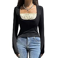 Women's Long Sleeve Fitted Crop Tops Square Neck Trendy Lace Trim Tight Tees Shirts Y2k Going Out top