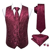 Men Red Slim Wedding Suit Vest V-Neck Waistcoat Silk Paisley Tie Handkerchief Cufflinks Necktie Set