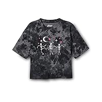 Girls' Teen Short Sleeve Oversized Cropped Graphic T-Shirt, Dancing Skeletons