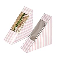 Restaurantware Cafe Vision 4.8 x 2 Inch Sandwich Paper Boxes 200 Small Sandwich Wedge Boxes - With Window Disposable Pink And White Paper Triangle Sandwich Containers Striped Grease-Impervious