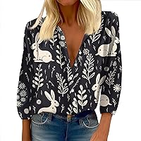 Womens Easter Tops,Women's 3/4 Length Sleeve Easter Egg and Bunny Print Shirt Round Neck Casual Top Slim Fit Button Shirts