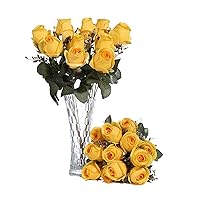FlueHouzz Artificial Roses Flowers Fake Silk Rose Bouquet 12 Heads 2 Packs of Realistic Blossom Roses for Home Wedding Party Floral Decoration Table Centerpieces, Yellow