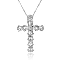 1.24 Cttw Round and Baguette Shape Natural White Diamond Cross Pendant Necklace Chain Sterling Silver