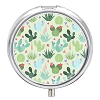 Round Pill Box Cactus and Succulents Portable Pill Case Medicine Organizer Vitamin Holder Container with 3 Compartments