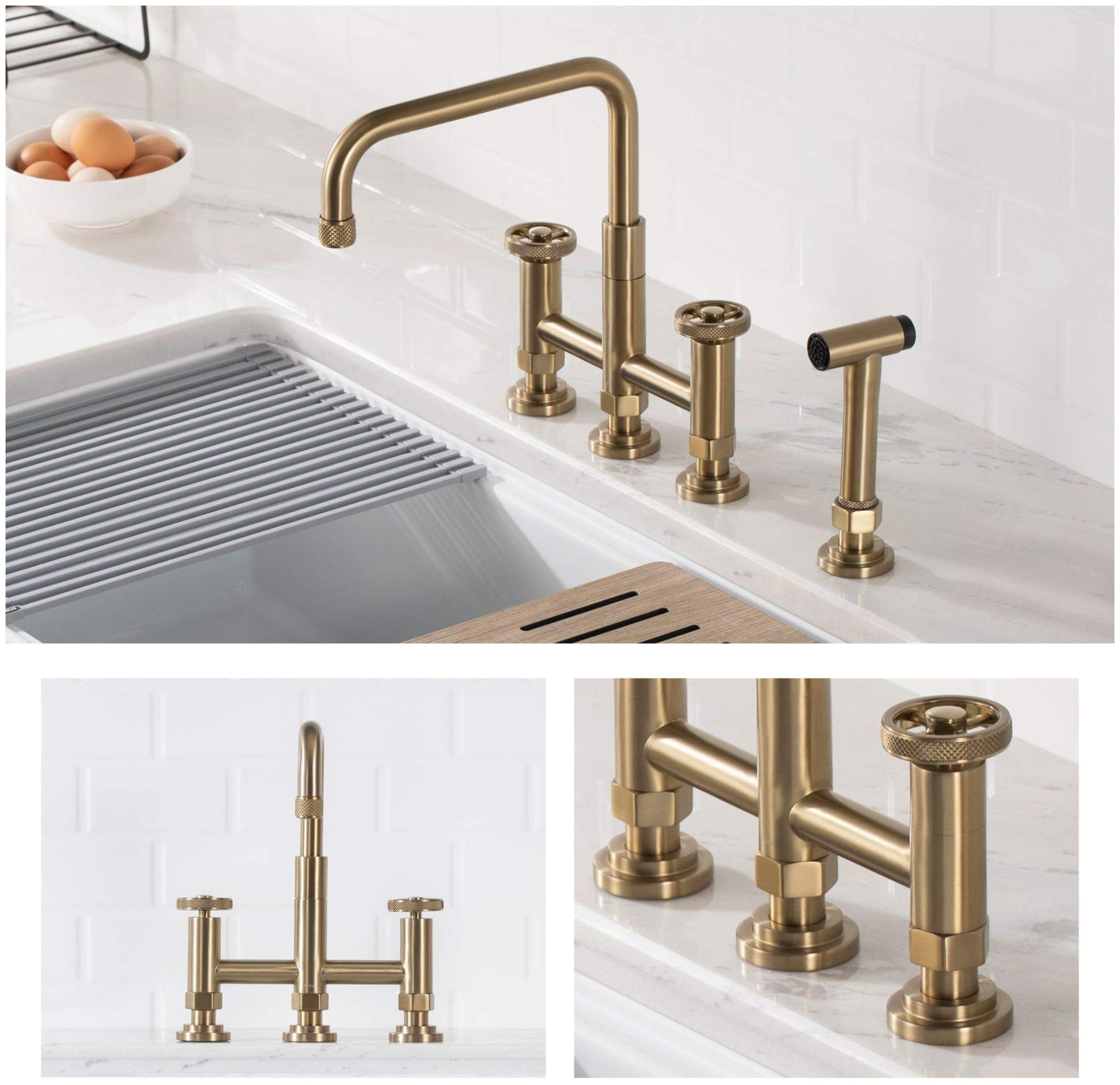 KRAUS Urbix Industrial Bridge Kitchen Faucet with Side Sprayer in Brushed Gold, KPF-3125BG