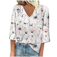 Women's Shirt Blouse Casual Loose Shirts 3/4 Sleeve Print V Neck Tops Print Summer Vacation Tops for Women