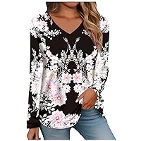 Ladies T Shirts Womens Tops Fall Fashion 2023 V Neck Long Sleeve Shirts Trendy Clothes Light Pink Large