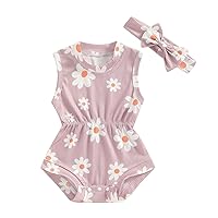 Newborn Baby Girl Romper Sleeveless Ribbed Daisy Floral Bodysuit Jumpsuit Infant Summer Clothes with Headband