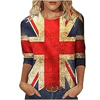 UK National Days Shirts Women Vintage Distressed British Flag Print Tee Tops 3/4 Sleeve Crewneck Loose Pullover