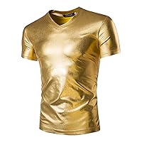 Men's Metallic Shiny Nightclub Slim Fit Short Sleeve V Neck Blouse Top Party Shirts