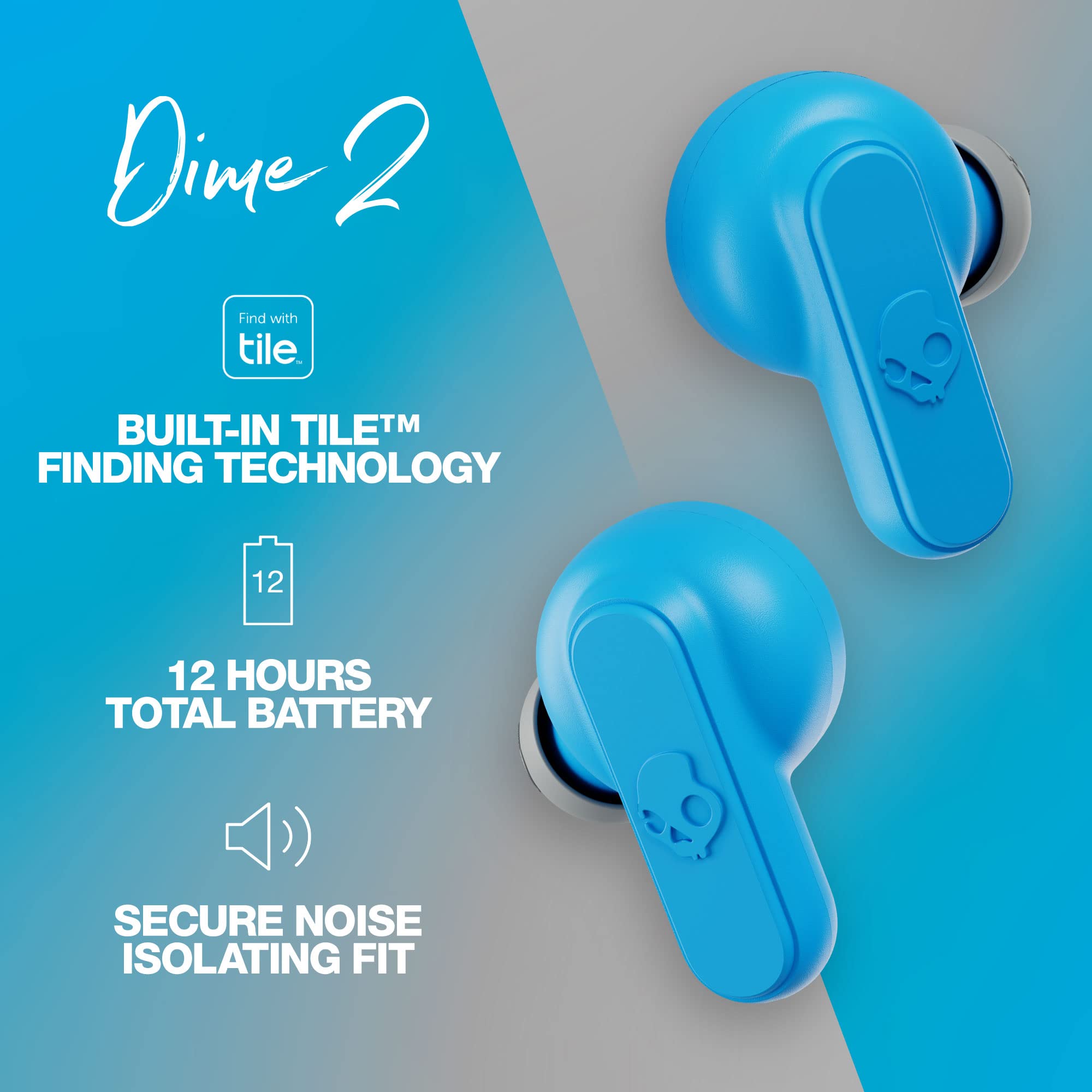 Skullcandy Dime 2 True Wireless In-Ear Bluetooth Earbuds, Use with iPhone and Android. Charging Case, Tile, and Microphone. Best for Gym, Sports, and Gaming, IPX4 Sweat and Dust Resistant - Grey/Blue