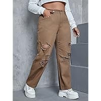 Women's Plus Size Denim Pants Plus High Waist Ripped Straight Leg Jeans Fashion Beauty Lovely Unique (Color : Brown, Size : XX-Large)