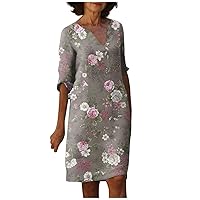 Party Mini Summer Tunic Dress Lady Short Sleeve Classic Print Cotton Dress Women's Light V Neck Pocket Regular Beige L