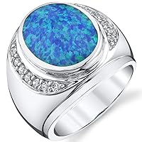 PEORA Men's Created Blue Fire Opal Godfather Signet Ring 925 Sterling Silver, Large 15x12mm Oval Shape, Sizes 8 to 13