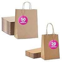 MESHA Brown Gift Bags 5.25x3.75x8 Inches 20Pcs & 10x5x13 Inches 50Pcs Kraft Gift Bags with Handles Small Shopping Bags,Wedding Party Favor Bags