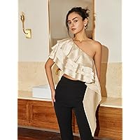 Women's Shirts Women's Tops Shirts for Women One Shoulder Layered Trim Side Draped Top (Color : Beige, Size : X-Small)