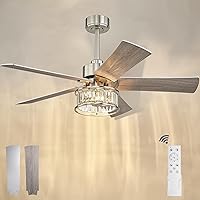 YOUKAIN Brushed Nickel Ceiling Fan, 48 Inch Modern Crystal Ceiling Fan with Lights and Remote Control, 5-Reversible Blades with Gray/Wooden Finish, 48-YJ632A-BN
