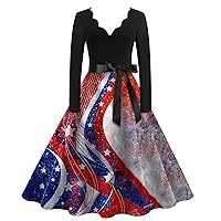 Women's 4Th of July Dress Casual Valentine's Day Print V-Neck Pullover High Waist Long Sleeve Dress, S-5XL
