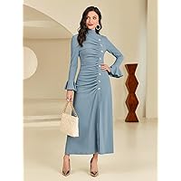 Dresses for Women Women's Dress Ruched Button Front Flounce Sleeve Dress Dresses (Color : Blue, Size : Medium)