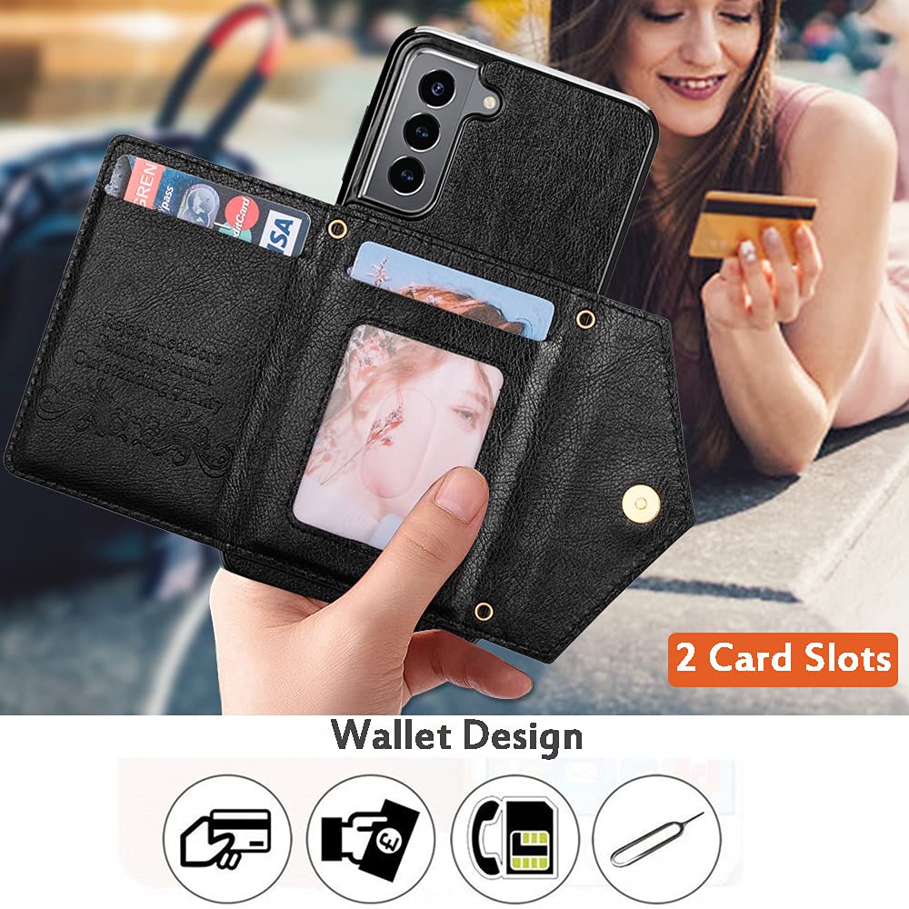 KUDEX Wallet Case for Samsung Galaxy S21 5G 6.2 Inch with Crossbody Strap,Envelope Flip Leather Magnetic Back Flip Purse Case with Card Holder Zipper Pocket Stand Shoulder Strap for Women(Black)
