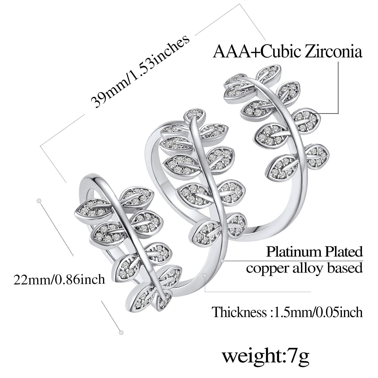 FindChic Leaf Cluster/Snake 18K Gold/Platinum Plated Long Statement Rings for Women CZ Simulated Diamond Stackable Adjustable Knuckle Cuff Rings for Women, with Gift Box