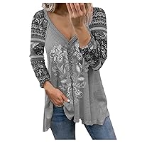 Blouses for Women Fashion 2021 Fall,Women's Henley T Shirts Casual Solid Long Sleeve Button V Neck Ribbed Tunic Tops Blouse Gray Workout Tops for Women