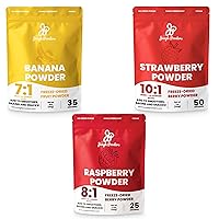 Jungle Powders Exotic Fruit Bundle: Freeze-Dried 5oz Banana, 3.5oz Raspberry, & 7oz Strawberry Powder for Smoothies, Baking, and Cooking - Natural Flavoring, Additive-Free
