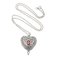 NOVICA Artisan Handmade Garnet Locket Necklace .925 Sterling Silver Heart Shaped Red Pendant Indonesia Romantic Birthstone Balinese 'Always in my Heart'