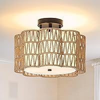 Airposta Boho Ceiling Light, Farmhouse Chandelier Light Fixture with Fabric Drum Shade, Hand Woven Rattan Ceiling Light Fixtures Flush Mount for Hallway Bedroom Kitchen Entryway Living Room Nursery